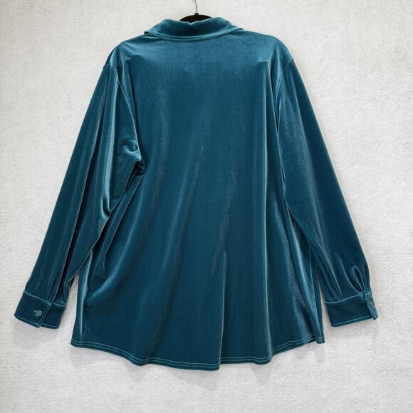 Soft Surroundings Shirt Womens Large Teal Blue Velvet Button Front Long Sleeve - Picture 9 of 10